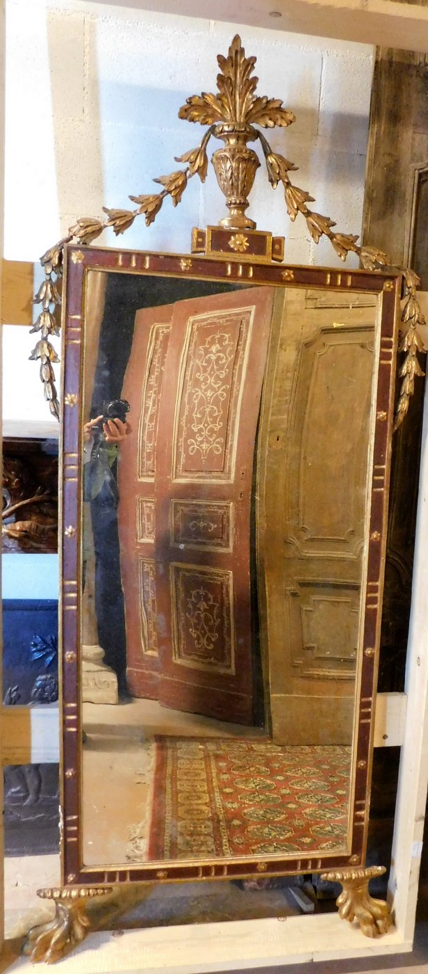 specc182 Spiegel mit geschwungenem Aufsatz aus dem 19. Jahrhundert, Maße: 78 x H 185 cm